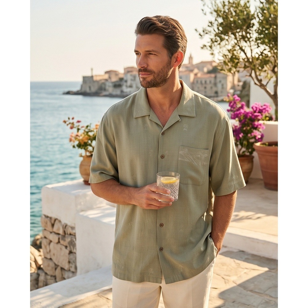 Tommy Bahama Mens XL Silk Camp Shirt Light Olive Gray Green Embroidered Palms